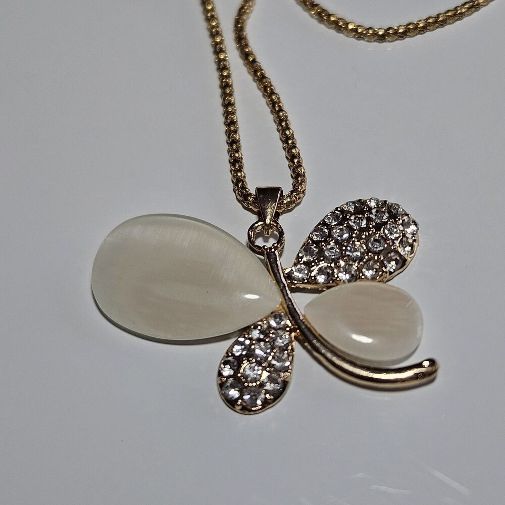 Gold Tone Butterfly Pendant Necklace Bijoux by Meera 33" Chain Rhinestone